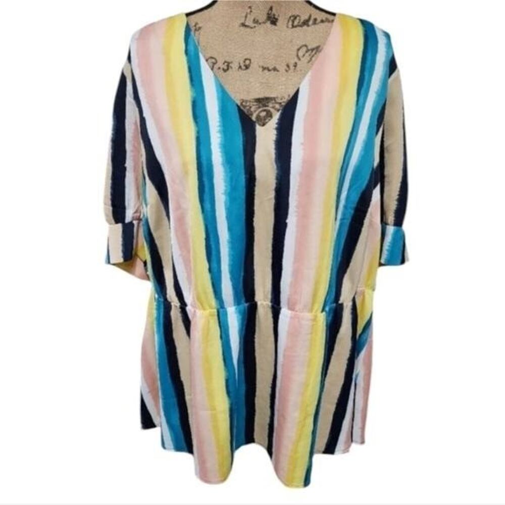 Lane Bryant Plus Size 22 Multicolor Vertical Stripe V-Neck Puff Sleeve Blouse